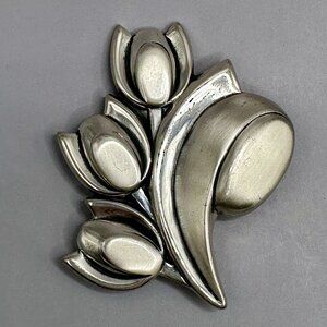 Modernist Tulips Brooch Signed Renoir Sauteur Sterling Silver Boutonniere Pin